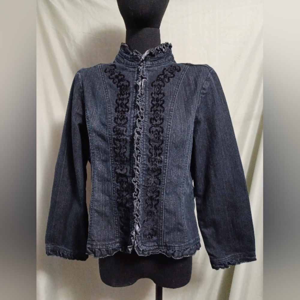 Petite Sophisticate Blue Denim Ruffle-Trim Jean Jacket Velvet Detail Design - Picture 11 of 14